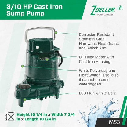 Zoeller M53 Mighty-mate Submersible Sump Pump, 1/3 Hp