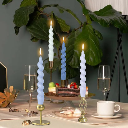 7.5 Inch Twisted Taper Candle 4 PCS Unscented Spiral Candle Smokeless Gradient Blue Candlesticks for Home Dinner Wedding Party Decoration