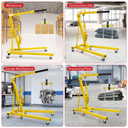 Garvee 2 Ton Folding Hydraulic Engine Hoist with Load Leveler 4400 LBS Capacity Heavy Duty Cherry Picker 6 Swivel Wheels&Hydraulic Pump Adjustable Boom (0.5T-2T) for Garage Workshop Warehouse Yellow