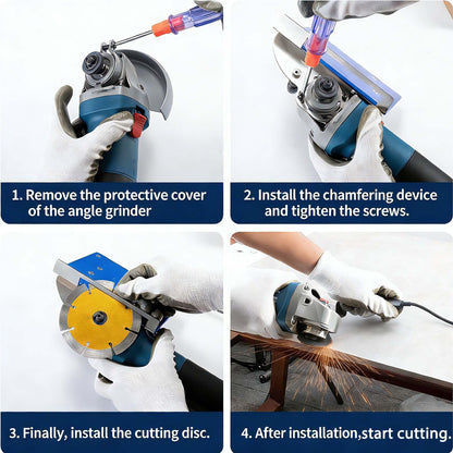 45 Degree Tile Chamfering Tool for 100-Type Angle Grinders, Universal Stand with 5 Diamond Saw Blades, Gloves, 39 Inch Hose, Screwdriver, Adapter Washers