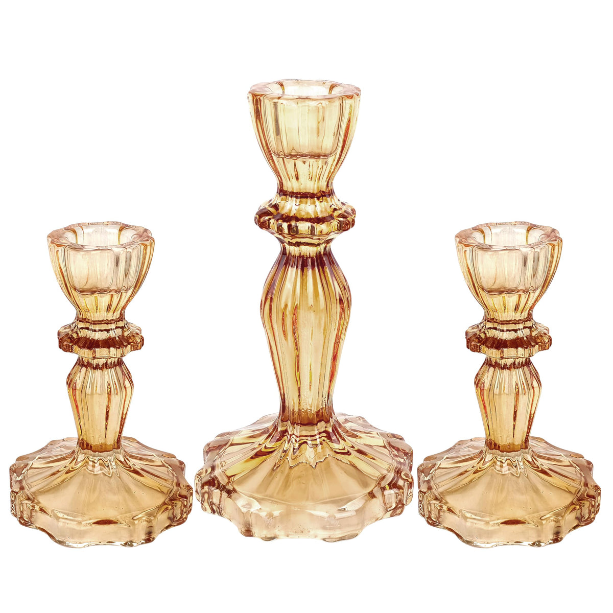 CHOCSTAY Glass Candlestick Holders Set of 3, Amber Stripe Taper Candle Holders for Table Centerpiece, Home Decorations, Wedding and Party