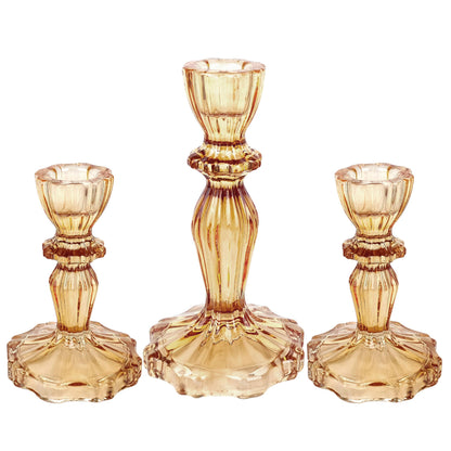 CHOCSTAY Glass Candlestick Holders Set of 3, Amber Stripe Taper Candle Holders for Table Centerpiece, Home Decorations, Wedding and Party