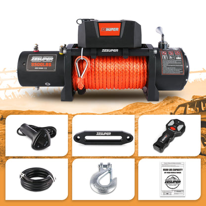 ZESUPER 9500 lb Load Capacity Electric Winch,12V Waterproof IP68 Winch with Wireless Handheld Remotes, Wired Switch,Hawse Fairlead, 80ft Synthetic Rope Winches for Jeep Trailer Truck Off-Road Vehicle