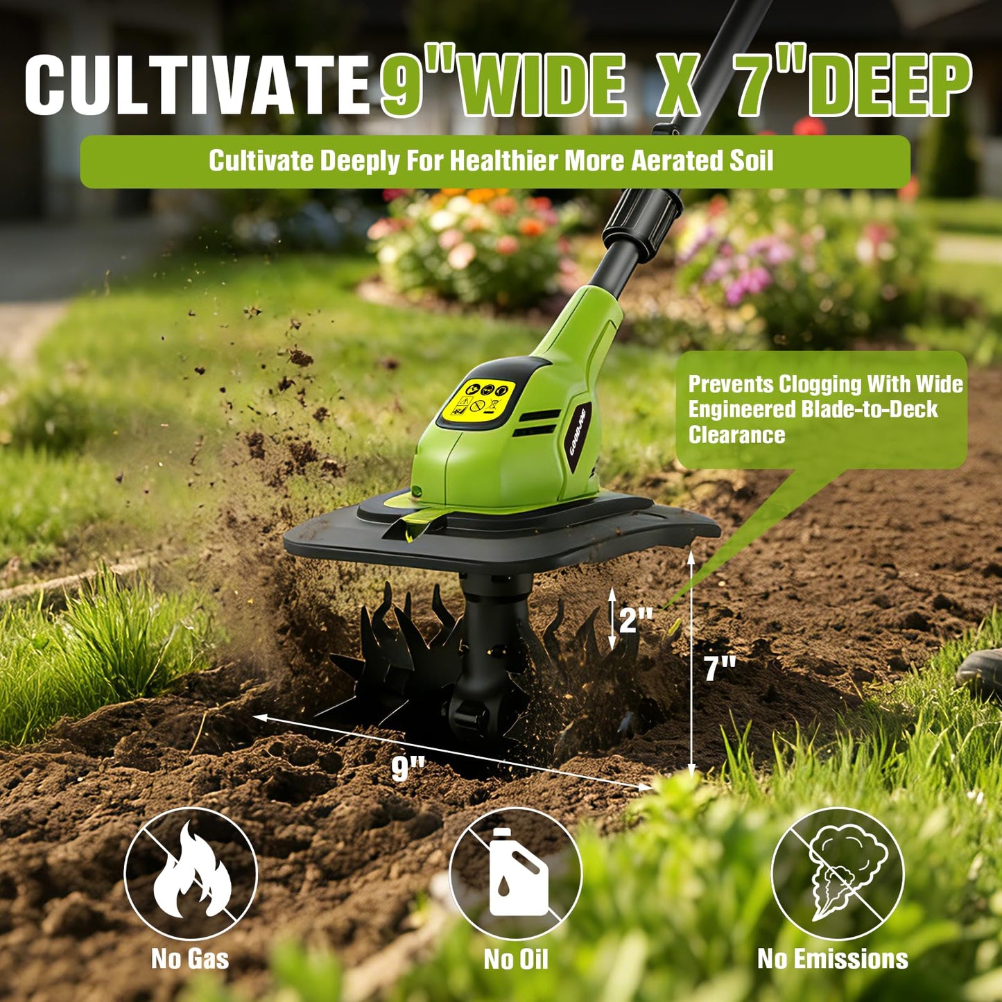 GOODJOB 20V Cordless Small Tiller with Two Batteries, 12.4LBs Feather-Light Cultivator for Seniors, 360 RPM High-Torque Rototiller with 48 Steel Tines (9" x 7") for Hard Clay