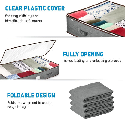 Under Bed Storage Bins - Pack of 4 Durable Containers for Clothes & Shoes | Clear Top & Dual Zippers