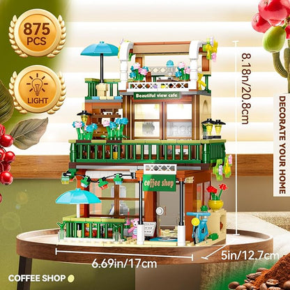3 in 1 Street View Coffee Shop City Building Set Compatible with City House Modular Simulation Architecture Construction Toy with LED Lights Gift for Adults and Girls Kids Aged 8+(875 PCS)