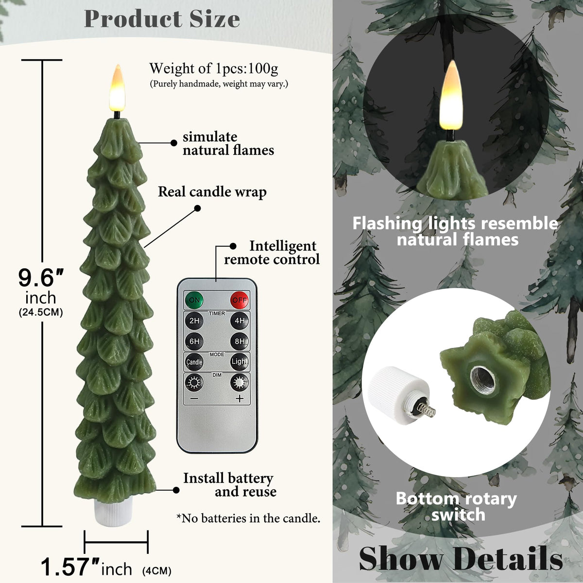 FCMSHAMD Green Christmas Trees Flickering Flameless Candles with Remote and Timer, Real Wax 3D Flame Wick LED Candles, 9.8 Inch Battery Operated Candles for Christmas Home Decoration，4PCS