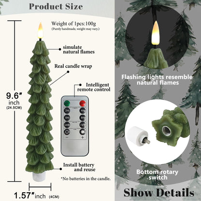 FCMSHAMD Green Christmas Trees Flickering Flameless Candles with Remote and Timer, Real Wax 3D Flame Wick LED Candles, 9.8 Inch Battery Operated Candles for Christmas Home Decoration，4PCS