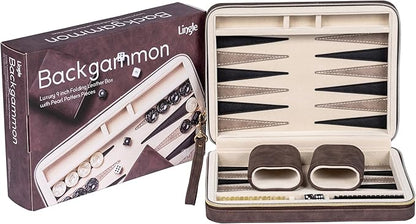 Backgammon Sets for Adults Classic Board Game with Folding Faux Leather Backgammon Case Portable Travel Backgammon Game Set (Brown)