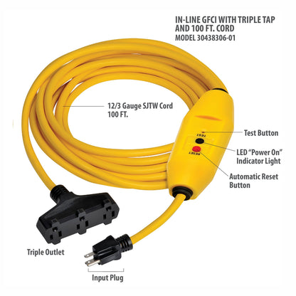 Tower Manufacturing 30438306-01 Auto-Reset 15 AMP Inline GFCI Triple Tap Cord, 100 Feet, Yellow