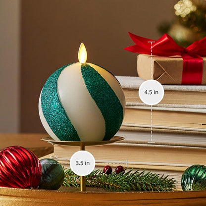 Luminara - Flameless Holiday Crystal Beads Glitter Sphere Candle - Candy Cane Green- Pack of 1-4x4.25 - Auto Timer Built-in 5-Hour Timer Indoor Use