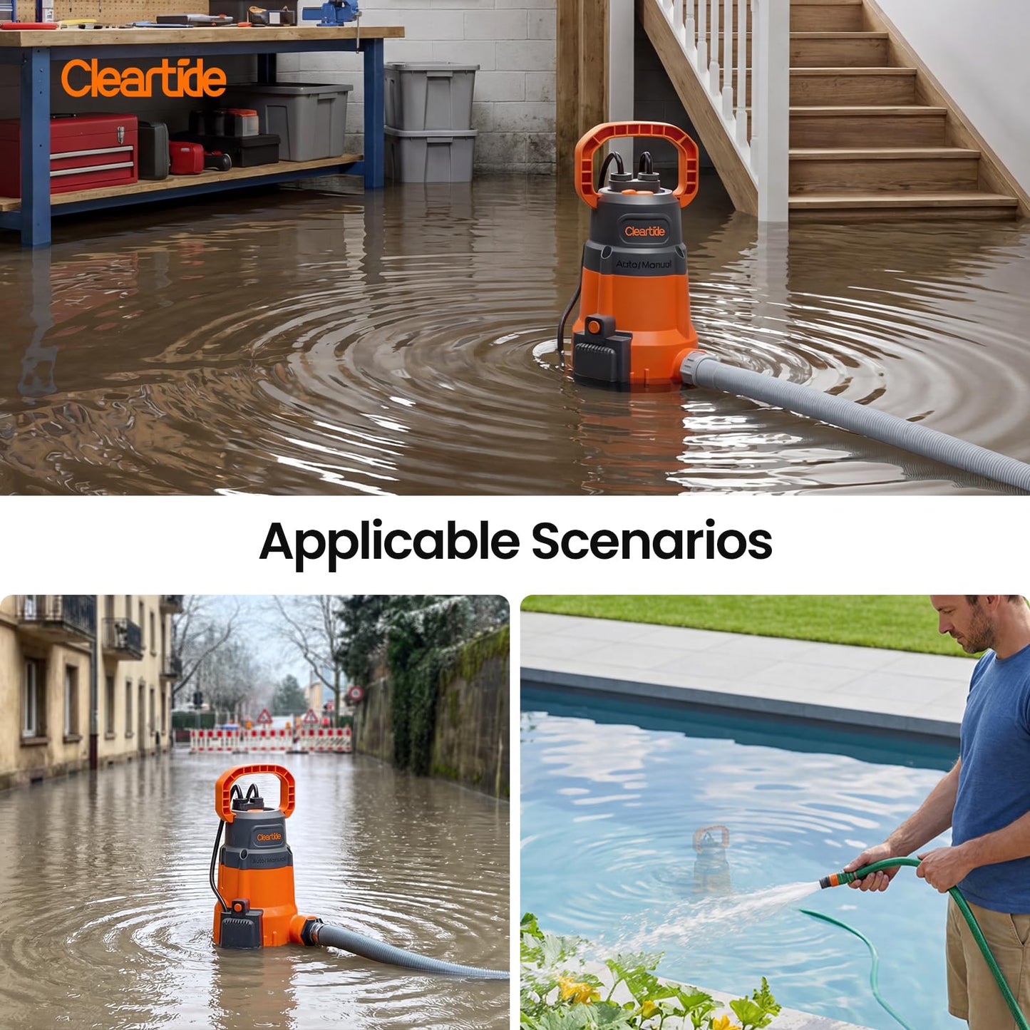 Cleartide 1/3 HP Submersible Utility Pump, 2790 GPH High Flow, Portable Sump Pump with Auto Water Sensor, Ideal for Flooded Basement & Yard, Hot Tub, Pond and Garden Draining