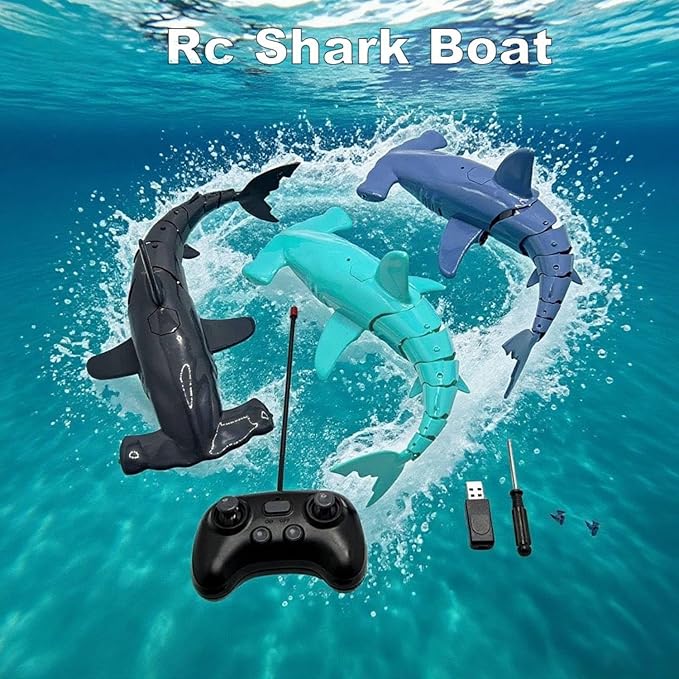 Beach and Summer Pool Remote Control Shark Boat Bath Toy RC Submarine Robo Shark Model Realistic Wiggle-Tail Electric Fish Hammerhead and Dusky Sharks Kids Gift Pool Toy for Ages 6–12 (Gray)