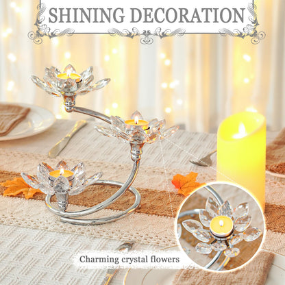 Kehail Silver 1 Pc Crystal Flower Shaped Candle Holder Set, 3-Arm Metal Votive Tea Light Candlestick for Table Centerpiece, Home Wedding Party Anniversary Decor