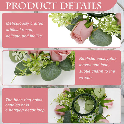 Tobilu 12 PCS Roses Candle Rings Wreaths - 3 Inch Artificial Floral Rings with LED Flameless Candles Eucalyptus Leaves for Spring Banquet Table Centerpieces Home Wedding Party, Dusty Pink