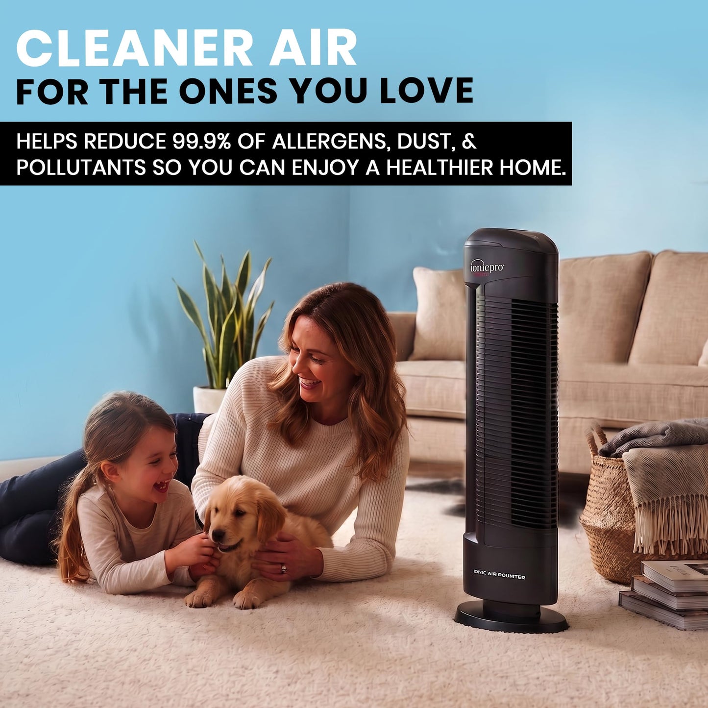 Ionic Pro Turbo (TA550) Ionic Air Purifier Tower for Home, Quiet Ionic Filterless Design, Covers Up to 600 Sq. Ft., Removes Odors, Smoke, Dust, and Allergens – Black