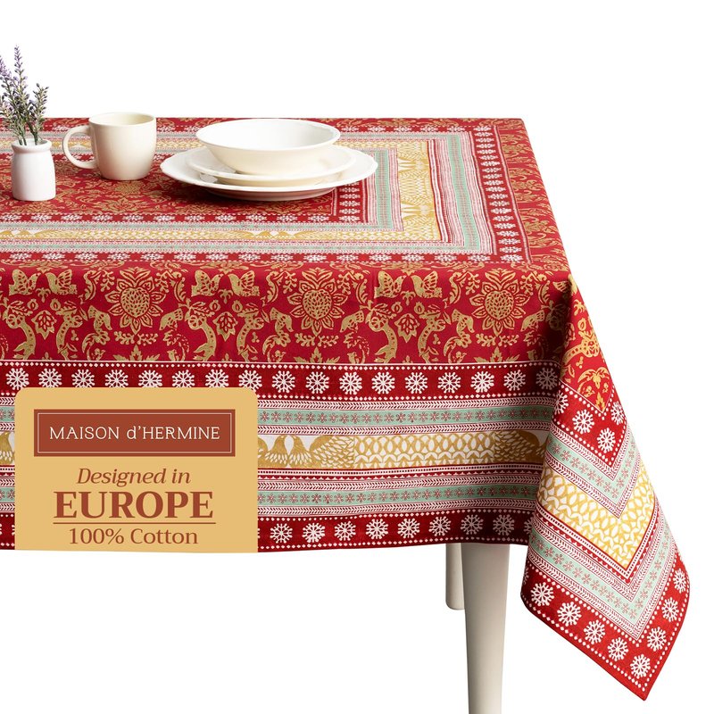 Maison d' Hermine Table Cloth Rectangle Table 100% Cotton 70 x 120 Inches Fall Tablecloth Reusable Everyday Use for Thanksgiving Christmas Decorations Dining Farmhouse Party (Sofia)