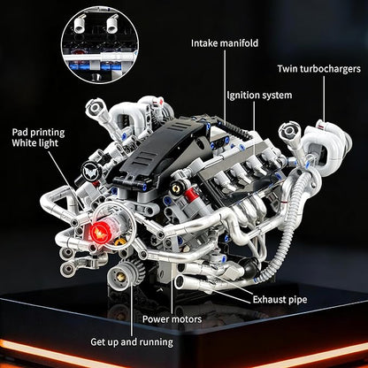 V8 Engine Model Kit that RunsVisible Building Toys with APP Control Motor &amp LED Light Mini Engine kit for Adults &amp Boys Kids 14+ Years Old (770PCS)
