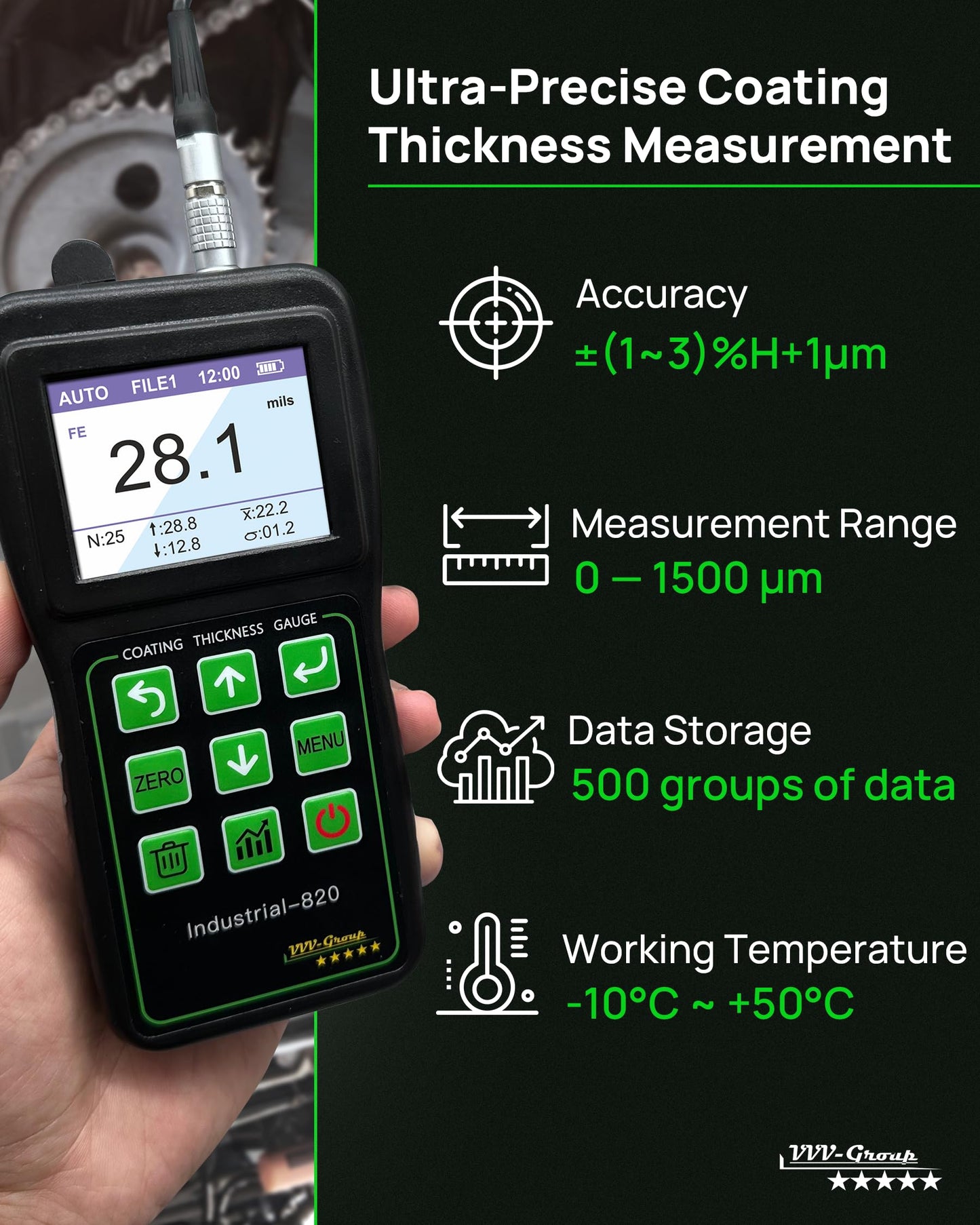 Coating Thickness Gauge Industrial-820 – 0–1500µm (0–59 mils) Dual F/N Probe, USB PC Data Export, 500 Data Groups, Statistics Mode, Alarm Limits, Industrial & Automotive Inspection