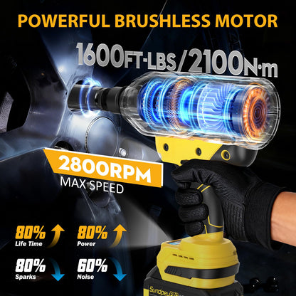 SundpeyPRO 21V Cordless Impact Wrench - 1600Ft-lbs(2100N·m) Heavy Duty High Torque Brushless 3/4 Impact Gun with 2 x 4.0Ah Batteries & Fast Charger 3/4" to 1/2" Adapter & 5 Sockets for Car Industrial