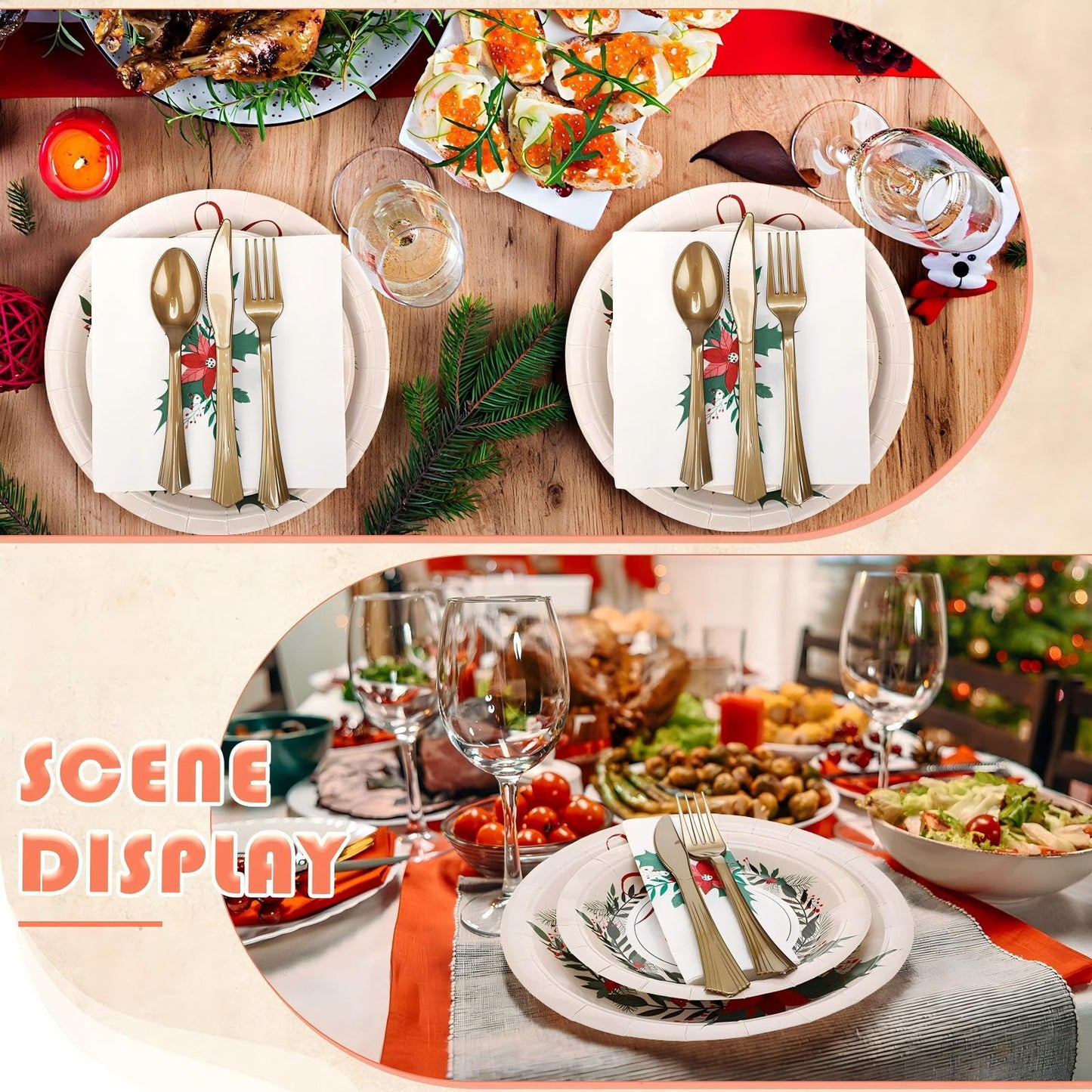 Sliner 350 Pcs Christmas Party Supplies Disposable Christmas Tableware Set 100 Paper Plate 50 Cup Napkin Knives Fork Spoon Xmas Holiday Party Dinnerware Table Decoration Classic Xmas Tableware