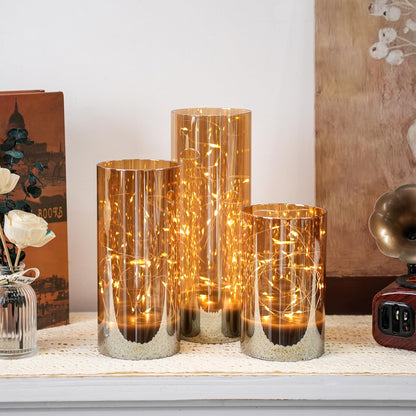 JHY DESIGN Set of 3 Glass Wax Flameless Candles Flickering Candles 6/8/10" H Glass Decorative Lights with Fairy String Lights Battery Powered for Home Party Wedding Indoor Outdoor (Champagne Plated)
