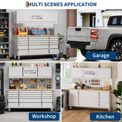 IDEALHOUSE 72 inch Rolling Tool Chest, Garage Workbench with 15 Drawers, Solid Rubber Wood Top & with Wheels Lock Key Locking, Mobile Workstation Tool Cabinet for Workshop Storage