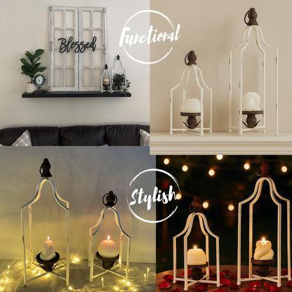 12.5" & 16.5" Timeless Cozy Decorative Lanterns Set of 2, Handcrafted Metal Iron Candle Holders, Farmhouse Elegance Fireplace Mantel Table Festive Gatherings Decor