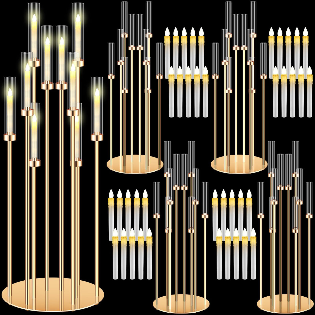 Tandefio 4 Pcs 10 Arm Wedding Gold Candelabra Floor Centerpieces with 40 LED Candle 46.5'' Tall Candlestick Metal Holder with Lampshade Fit 0.8 for Ceremony Party Dinner Table Easter Birthday Holiday