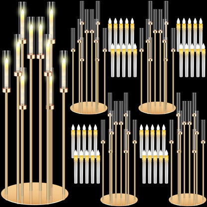 Tandefio 4 Pcs 10 Arm Wedding Gold Candelabra Floor Centerpieces with 40 LED Candle 46.5'' Tall Candlestick Metal Holder with Lampshade Fit 0.8 for Ceremony Party Dinner Table Easter Birthday Holiday