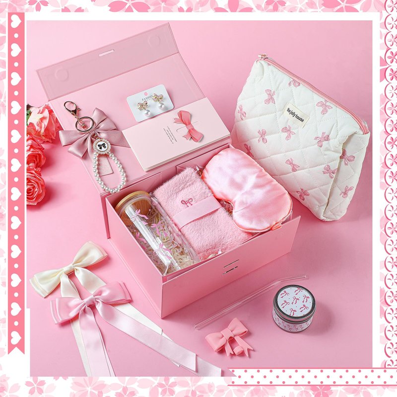 Skylety Pink Bow Gift Baskets for Teen Girls, Women Mothers Day Gifts Trendy Stuff Coquette Bow Teen Girl Birthday Self Care Box Gift for Her, Sister Friend Women Sweet 16th 18th 21st Box