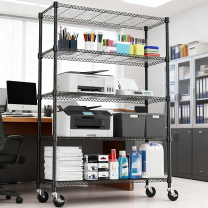 M MZG 1750LBS 47.2" W 5 Tiers Storage Shelves Metal Shelving Unit with Wheels Heavy Duty Garage Shelving Adjustable Wire Shelves for Pantry,Kitchen,Garage,Basement,Black 17.7" D x 47.2" W x 76.8" H