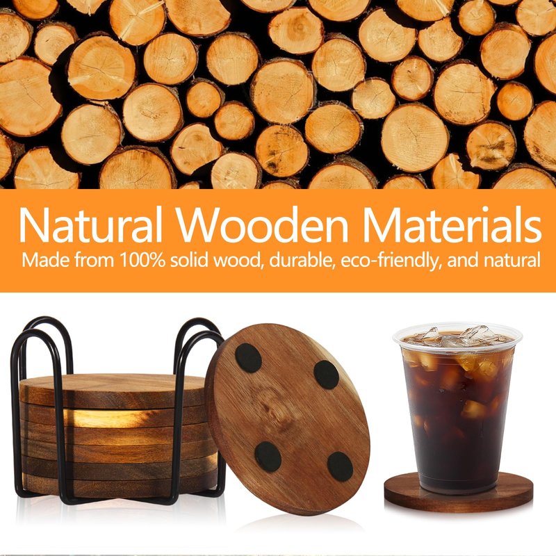 10 Pcs Wood Coasters with Holder, Wooden Coasters for Drinks Absorbent, Drink Coasters for Coffee Table, Modern Home Decor, Coaster Set for Table Protection, Office, Bar