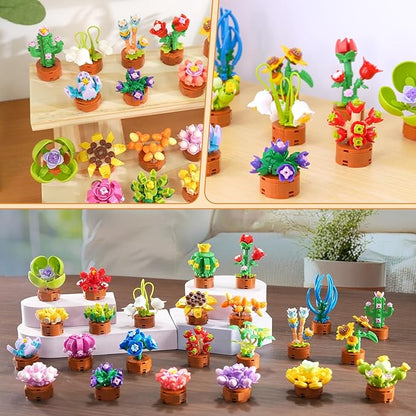 24 Pack Flowers Succulent Party Favors for Kids Building Set - 1012pcs Botanical Bonsai 3.6mm Mini Building Blocks Toy for Easter Basket Fillers Classroom Prize Stocking Stuffer Gift for Girl Boy 6+
