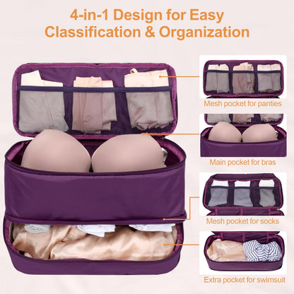 Cambond Travel Underwear Organizer Bag - 4-in-1 Lightweight Double Layer Bra Underwear Travel Bag Organizer, Portable Expandable Compression Packing Organizer, Packing Cubes for Women