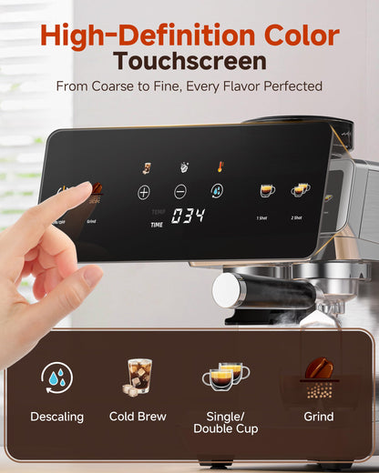 AMZCHEF Espresso Machine With Grinder, 44 Grind Settings 20 Bar Coffee Machine
