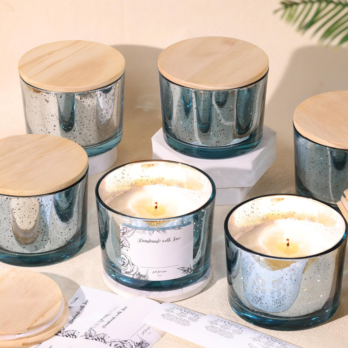 simeitol 6pcs 16oz Blue Candle Jars for Making Candles, Speckled Glass Candle Vessels with Lids, Bulk Empty Candle Containers, Blue Wedding Centerpieces, Baby Shower Party Table Decorations