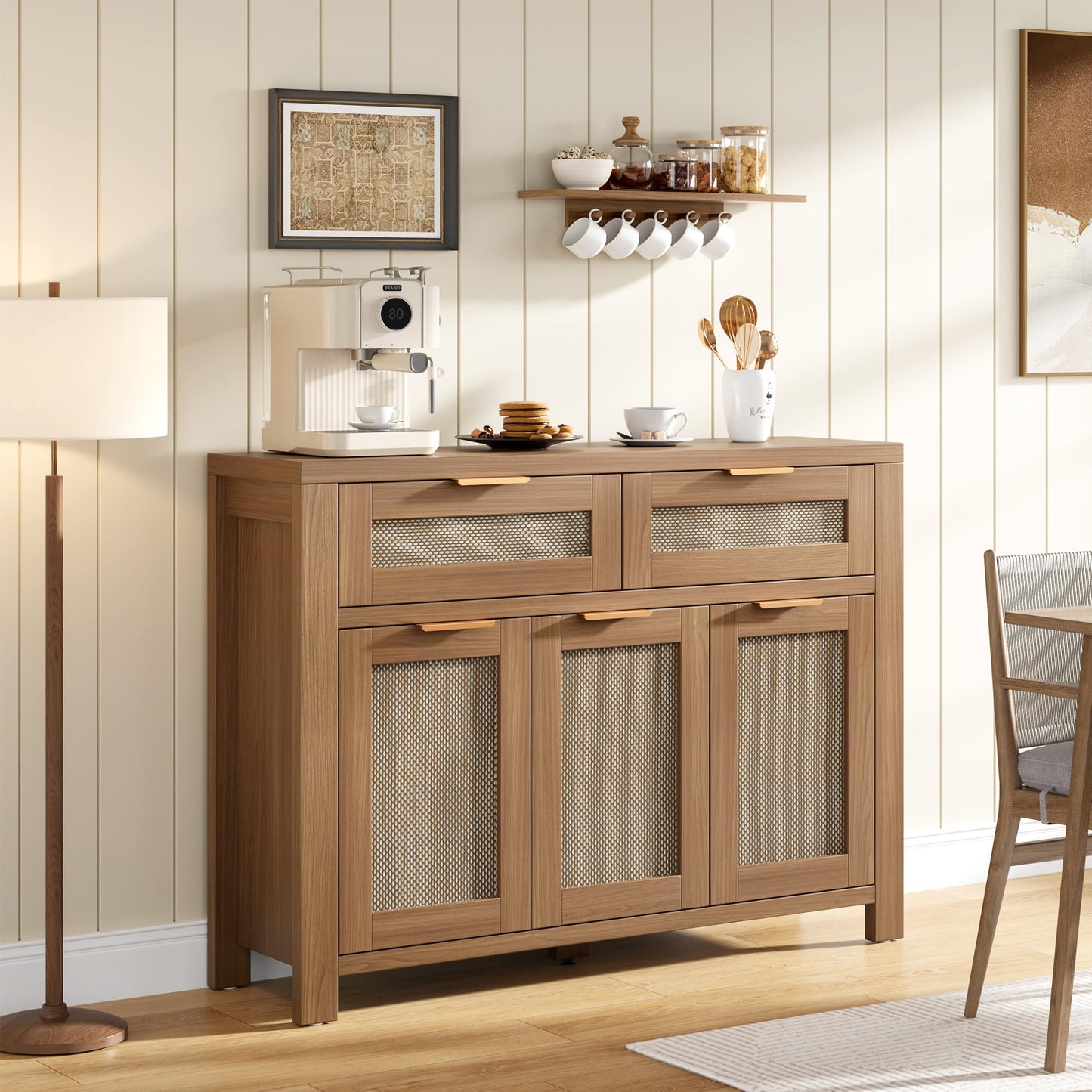 Garvee Rattan Buffet Cabinet, Boho Sideboard with 2 Drawers, Adjustable Shelf, High-Leg Storage Cabinet with Anti-Tip Hardware,for Kitchen,Dining Room,Entryway,Living Room, Light/Dark Oak