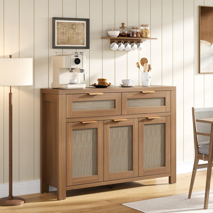 Garvee Rattan Buffet Cabinet, Boho Sideboard with 2 Drawers, Adjustable Shelf, High-Leg Storage Cabinet with Anti-Tip Hardware,for Kitchen,Dining Room,Entryway,Living Room, Light/Dark Oak