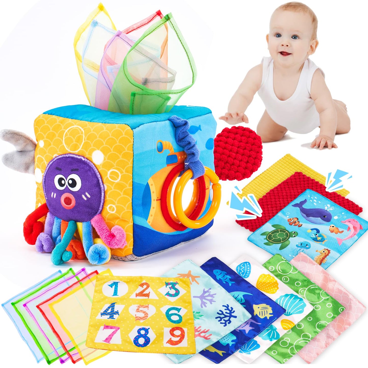 hahaland Baby Tissue Box Toy - Baby Toys 6-12 Months Montessori Toys for 6 Month Old with Textured Tails, Cloth Tissues, Crinkle, Squeaky Sounds, Mirror - Gifts Play Silks Sensoy Scarves for Babies