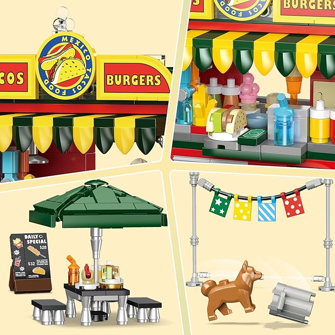Taco Food Truck Building Set Building Toy Pretend Play Set for Kids Girls and Boys Dining Table &amp Chair Menu Hot Dog Sauces Fun Gift Idea for Birthdays &amp Holidays Friend Building Time