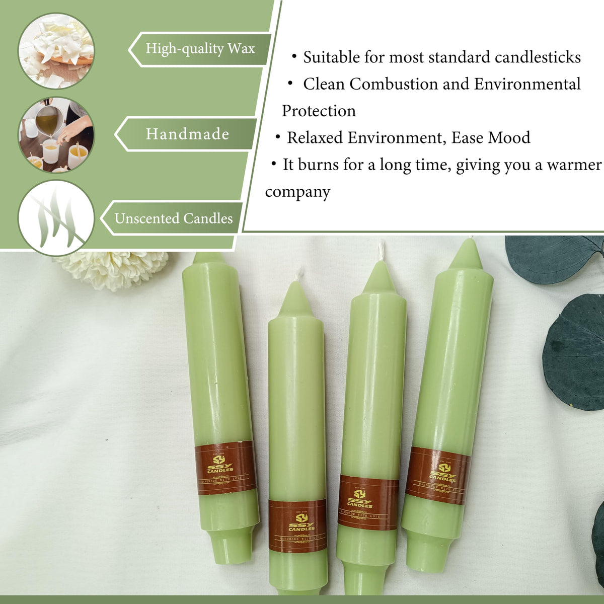 Unscented Taper Candles 7 in Small Candlesticks Light Green Candles 4 Pack for Dinner Household Wedding Party Home Décor