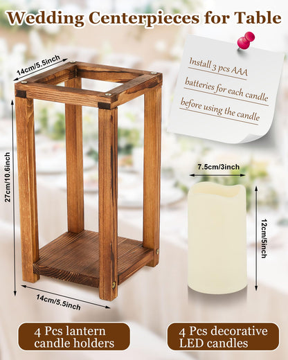 Huquary 8 Pcs Wooden Wedding Lantern Centerpiece for Table Decoration Includes 4 Farmhouse Candle Holder and 4 Flameless Decorative LED Candles for Rustic Home Wedding Decor(Dark Brown)