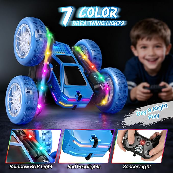 Remote Control Car Rc Cars Stunt RC Crawler Toys 4WD 360° Rotating with LED Light-Up Wheels &amp Remote Control for 6-12 for Boys Birthday Gift (Blue)