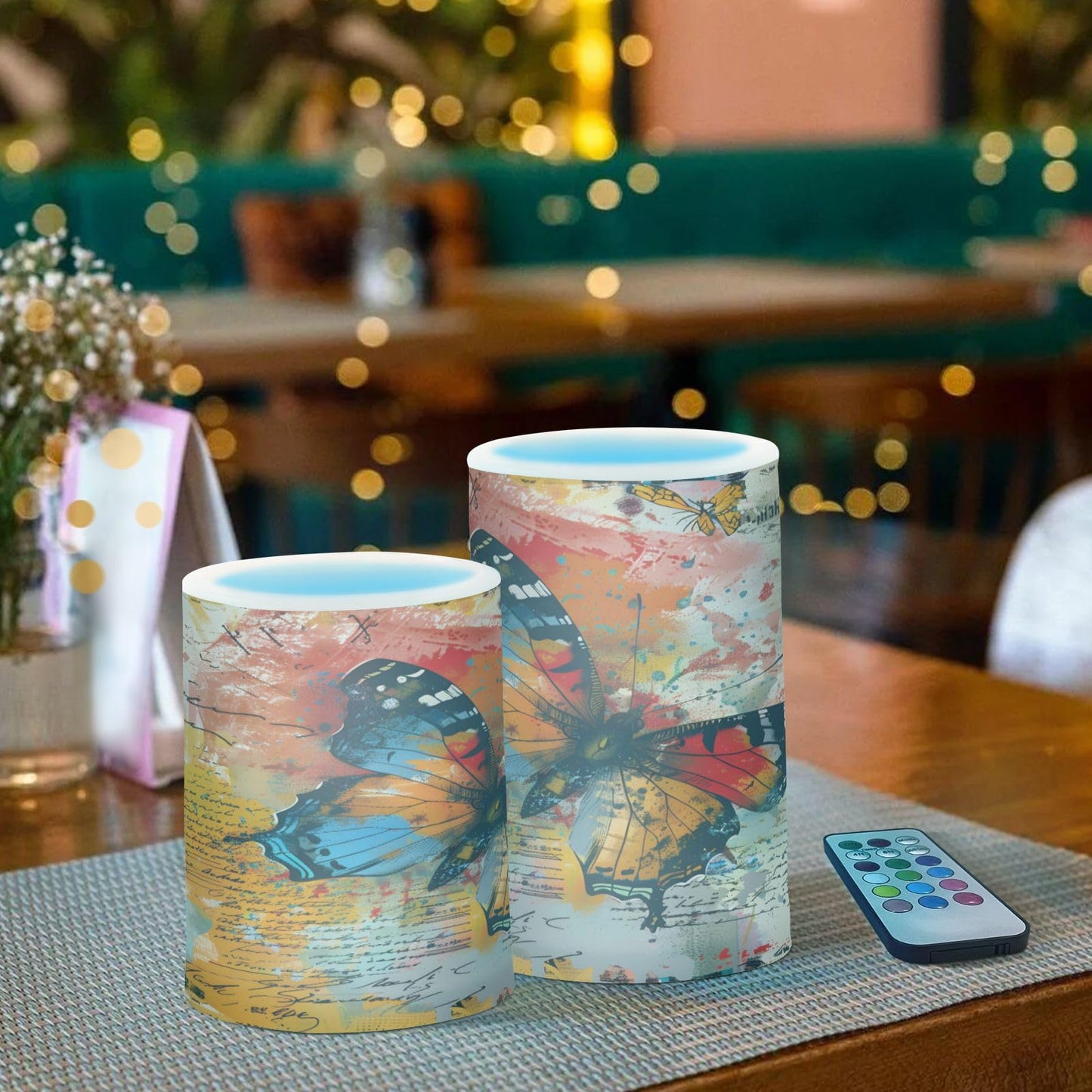 ALAZA Handwriting Butterfly Flameless Candles, LED Pillar Candles with Remote Timer, Battery Operated Candles Set of 2