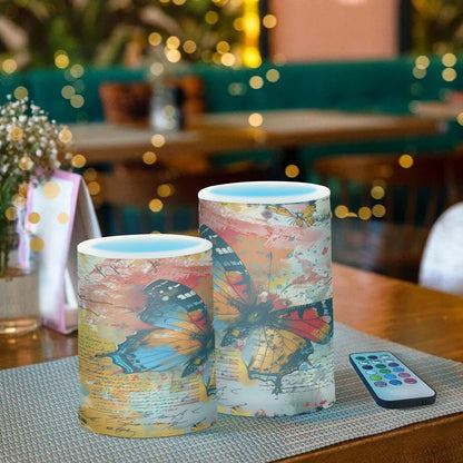 ALAZA Handwriting Butterfly Flameless Candles, LED Pillar Candles with Remote Timer, Battery Operated Candles Set of 2