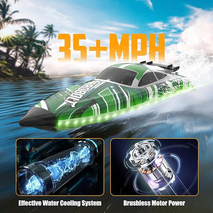 Brushless RC Boat - Remote Control Boats for Adults with LED Lights Racing Boats for Pool&ampLakes2.4GHz RC High Speeding Summer Water Toy (Green)