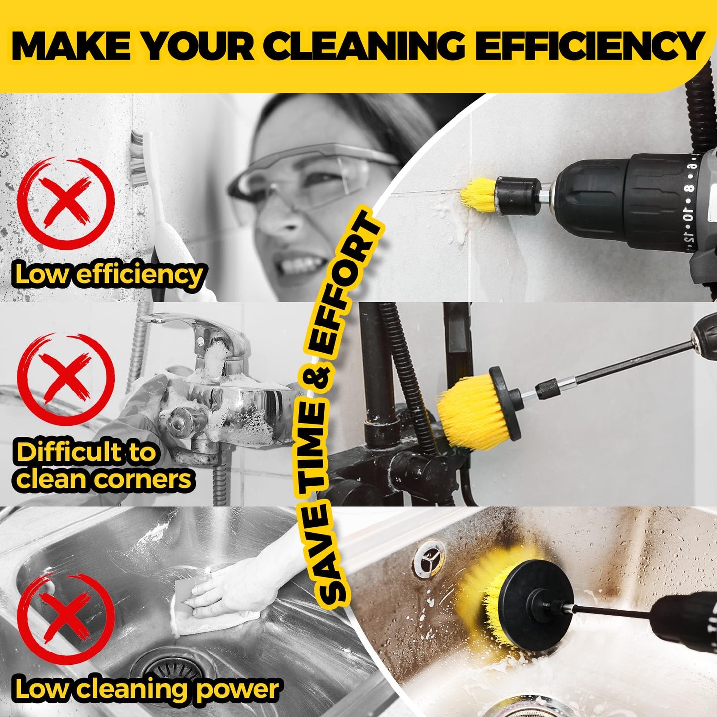 Holikme 6Pack Drill Brush Power Scrubber Cleaning Brush Extended Long Attachment Set All Purpose Drill Scrub Brushes Kit for Grout, Floor, Tub, Shower, Tile, Bathroom and Kitchen Surface，Yellow