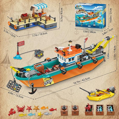 City Fishing Boat Wharf Building Set - Floatable Sea Fishing Ship Building Block Kit with Speedboat Crane Containers Exploration Boats Toy Birthday Gift for Kids Boys Girls 6 7 8 9 10+ 762PCS