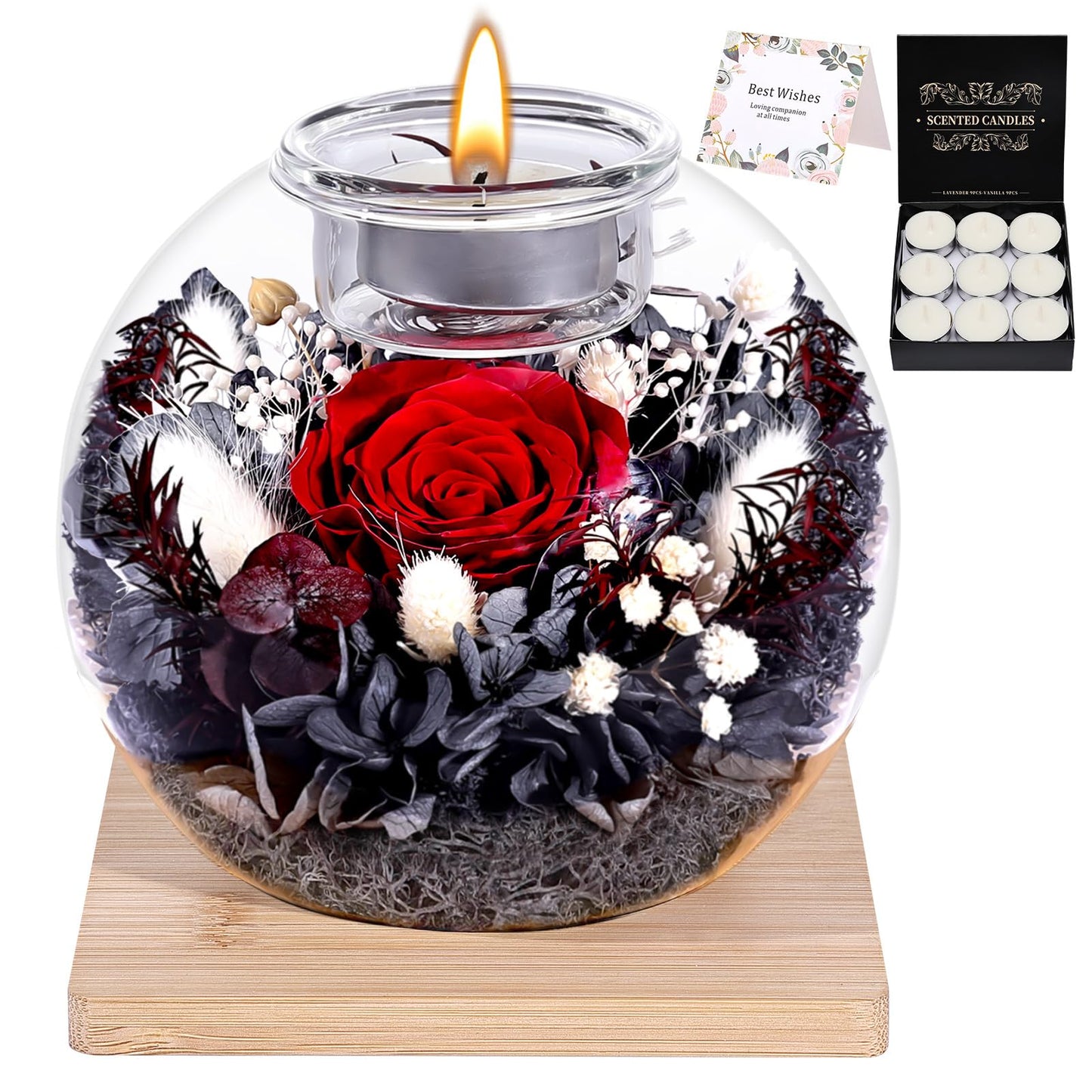NERCHVO Preserved Forever Rose in Glass Dome with 18 Scented Candles Gift Set, Eternal Romantic Gift for Women, Birthday Anniversary Valentines Day Mothers Day for Girlfriend Wife Mom